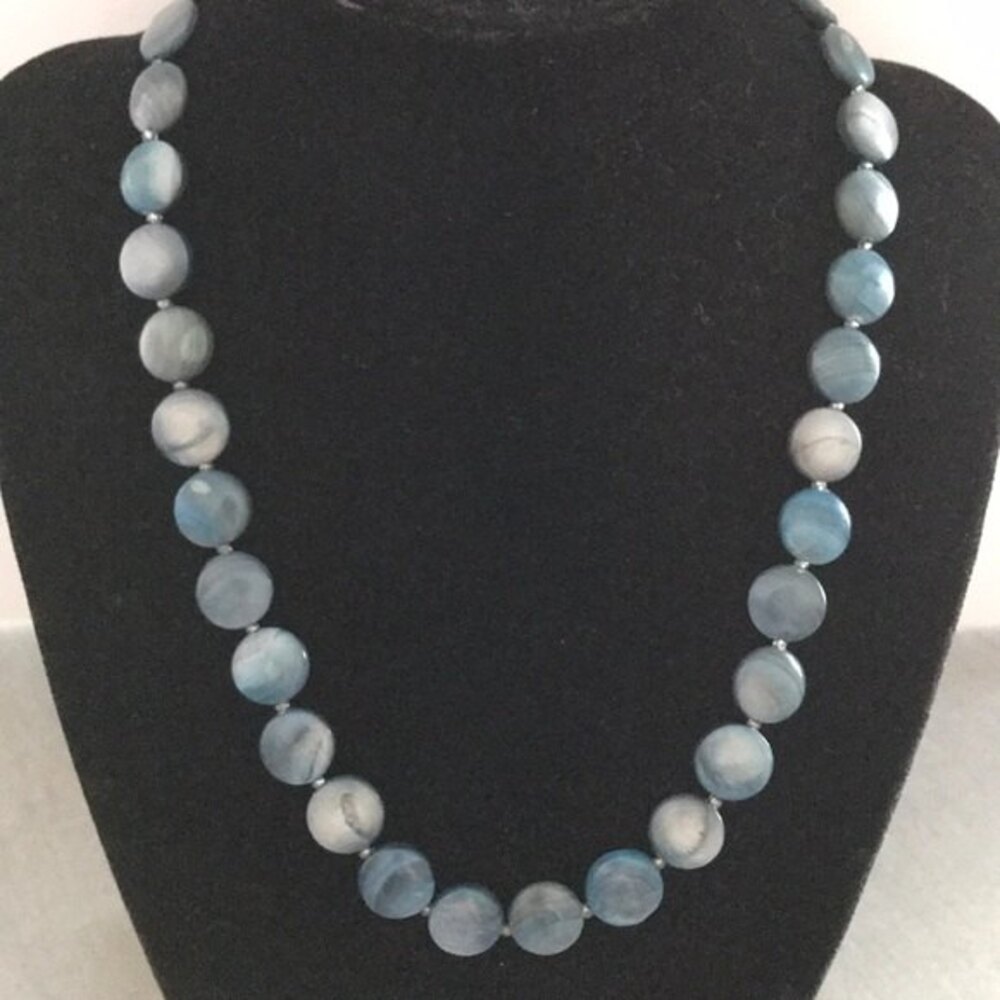 Vintage Blue teal coin bead necklace sterling clasp 18"